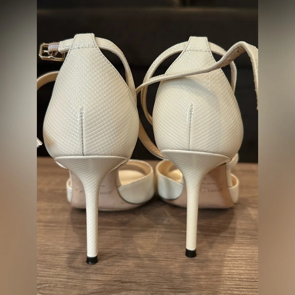 JIMMY CHOO EMSY 85MM CHEVRON EMBOSSED PATENT SANDAL HEELS Size 37/7 - Picture 3 of 9